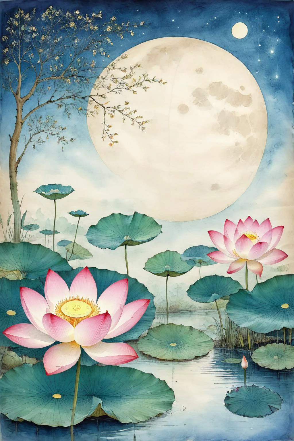 <lora:ParchartXL-1.5:1>,ON PARCHMENT,INK ILLUSTRATION,bl3uprint,<lora:bl3uprint:1>,
Lotus Pond Moonlight,