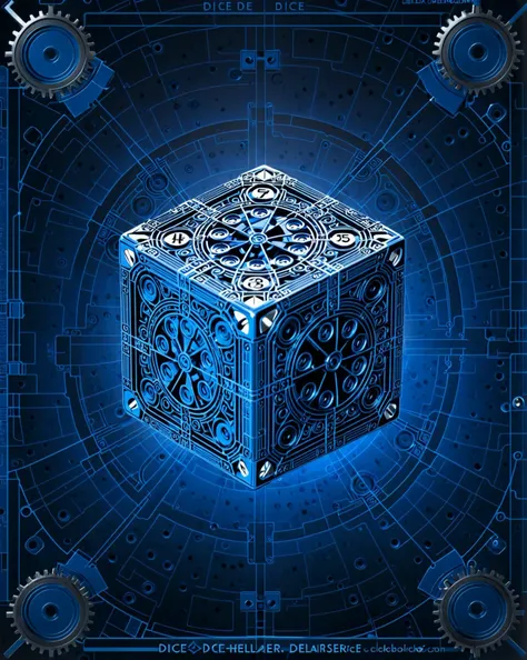 detailed, art, masterpiece, blueprint of loaded dice, cubic hellraiser style dice, complex clockwork mechanism, bl3uprint <lora:bl3uprint:0.8>