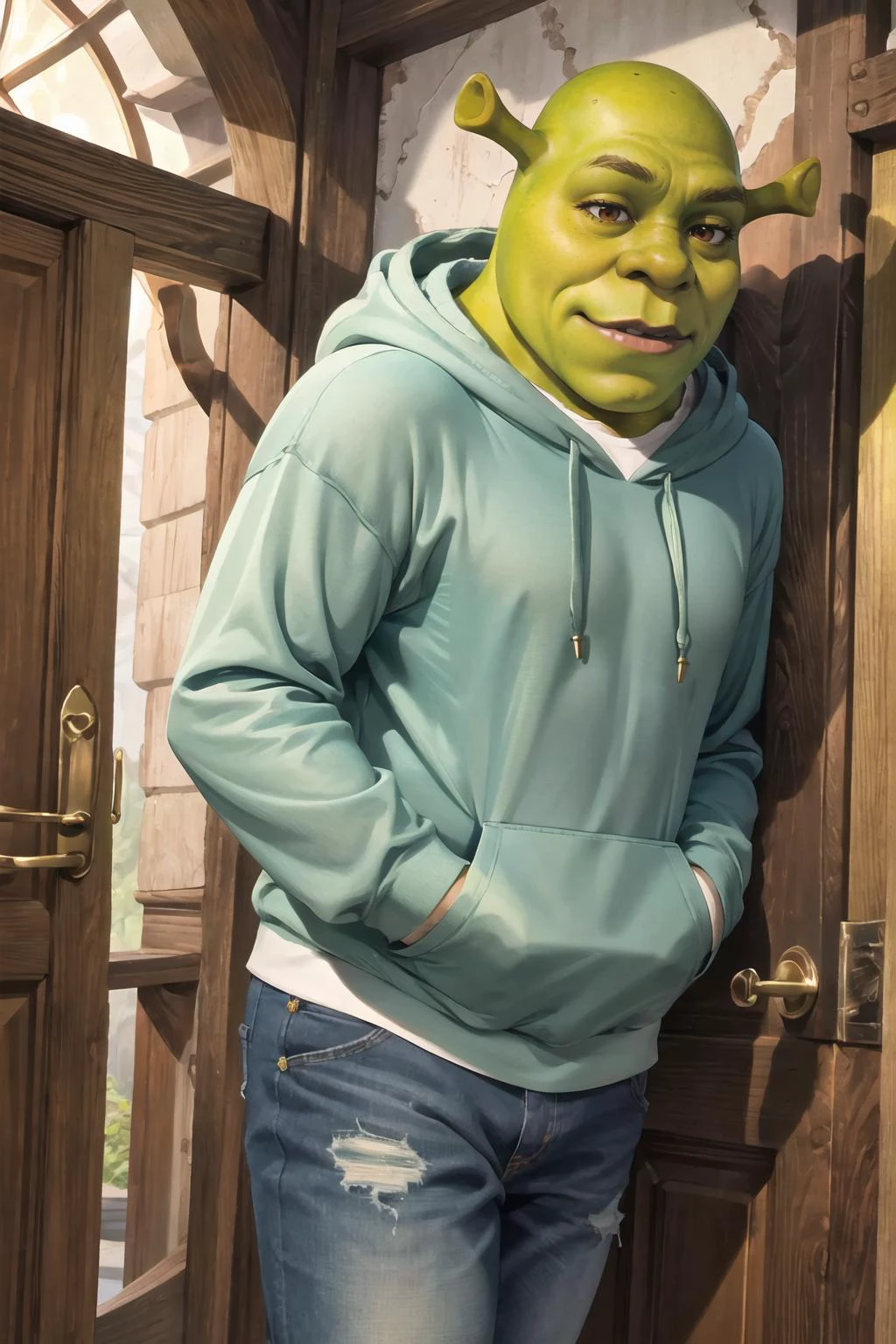 Highly detailed, High Quality, Masterpiece, beautiful, 1boy, solo, edgNoire, hoodie,  ([black dress, short skirt|hoodie]::0.5), <lora:Outfit_NoireHoodies:0.8>, shrex, green skin, ogre, shrek, <lora:Char_Sigmas_Shrek:0.9>