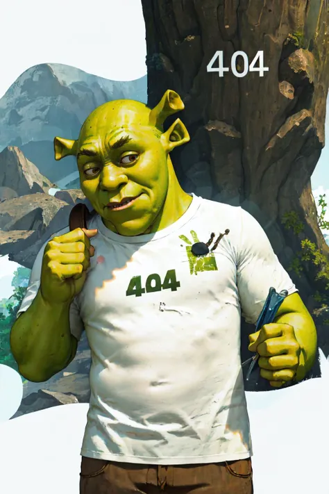 High Quality, Masterpiece, Incrs404, <lora:404:1.2>, english text, Written On Clothes, shirt, white shirt, shrex, green skin, ogre, shrek, <lora:Char_Sigmas_Shrek:0.9>