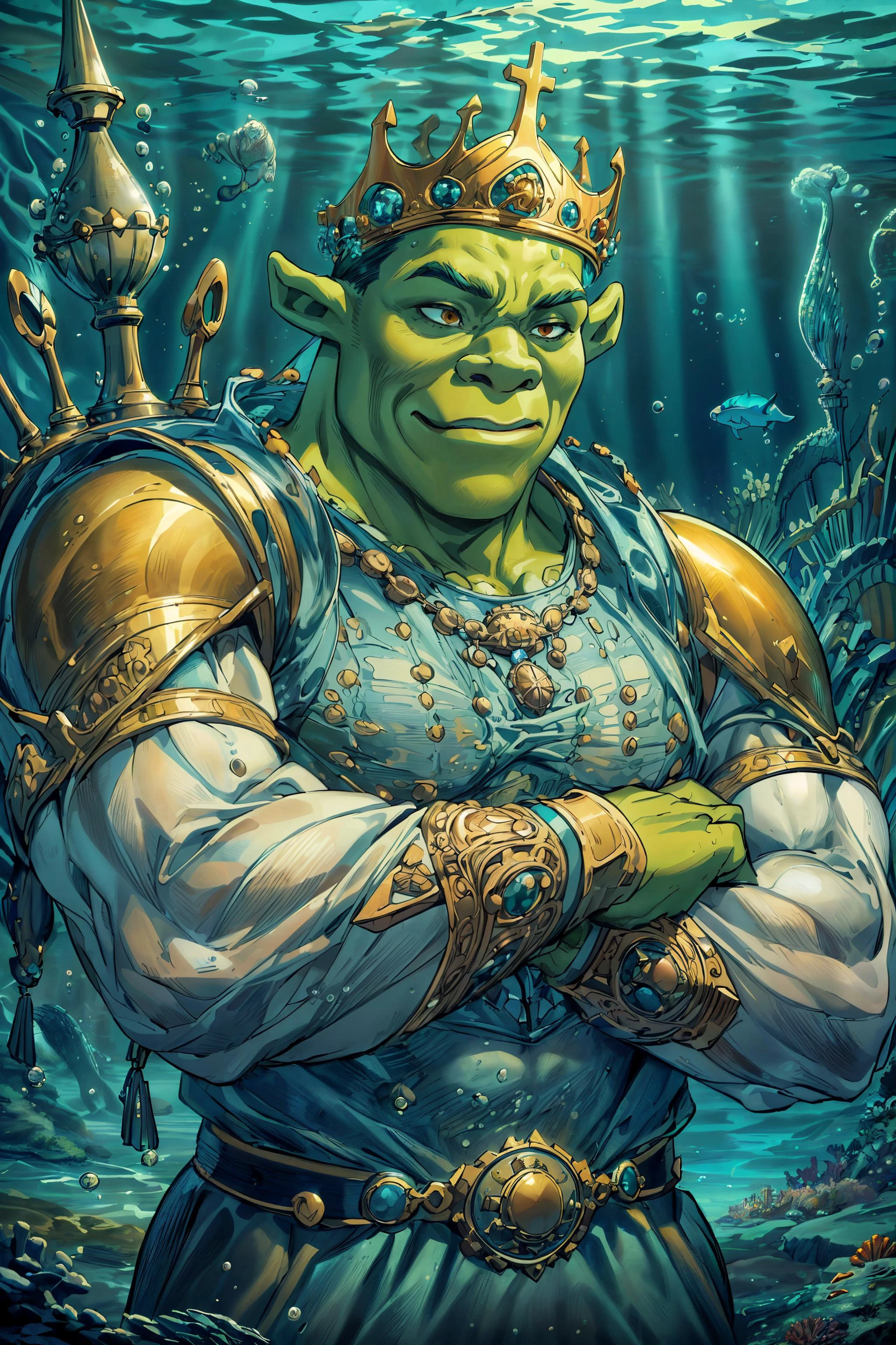 <lora:add_detail:0.6> <lora:AtlantisTech:0.6> (masterpiece, best quality, realistic, detailed, sharp:1.2), intricate details, atlantistech, (picture of shrex as an atlantis king), <lora:ShrekDoguVersion2:0.7> wearing golden crown, king dress, flexing muscles, underwater, undersea,