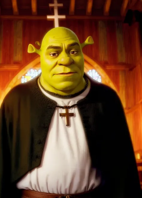 RAW photo, photo of shrk as a (Preacher),in a church, black robes, cross locket, 8k uhd, dslr, high quality, film grain, Fujifilm XT3
<lora:Shrek_remasteredV1:0.7>