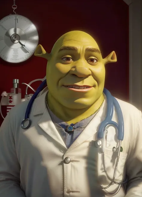 RAW photo, photo of shrk as a (doctor:1.3), white labcoat, stethoscope, 8k uhd, dslr, high quality, film grain,
<lora:Shrek_remasteredV1:0.7>