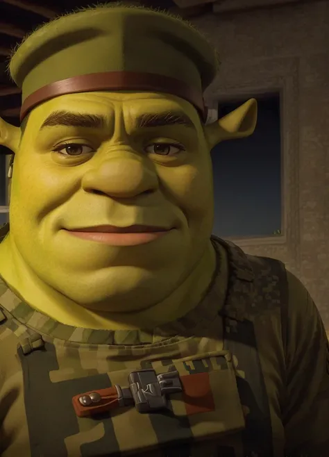 RAW photo, photo of shrk as a (soldier:1.3), military clothes, cap, 8k uhd, dslr, high quality, film grain,
<lora:Shrek_remasteredV1:0.7>