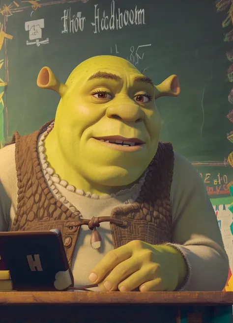 RAW photo, photo of shrk  as a (school Teacher:1.3), classroom, blackboard, 8k uhd, dslr, high quality, film grain, Fujifilm XT3
 <lora:Shrek_remasteredV1:0.7>
