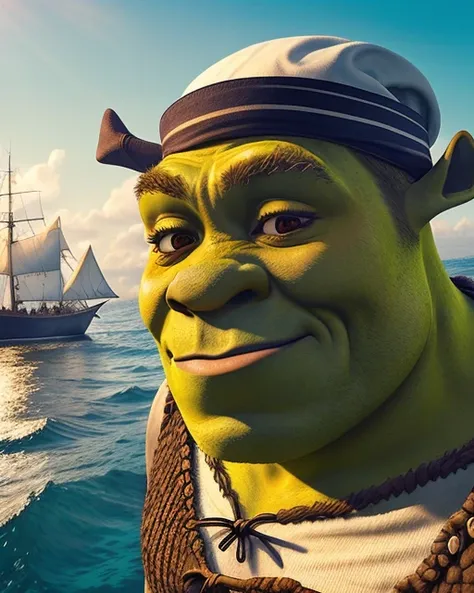 RAW photo, photo of shrek as a (Sailor:1.2), sailor clothes, sailor hat, fashion pose, sea background, 8k uhd, dslr, high quality, film grain, <lora:shrek:0.8>