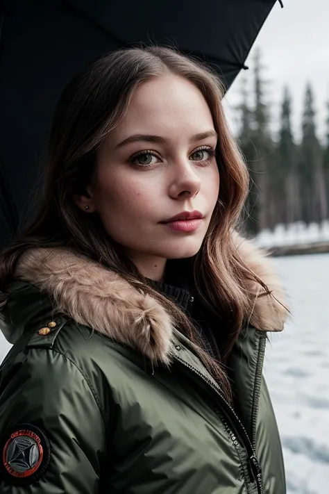 photo of beautiful (SusLu3_V1A_TTX:0.99), a woman, perfect hair, (closeup portrait), (modern photo, Passion Pink Faux fur-trimmed parka jacket with multiple pockets and a versatile khaki color), 24mm, (analog, cinematic, film grain:1.3), (lake:1.2), detailed eyes, (seductive pose), (epicPhoto), (looking at viewer), jewelry