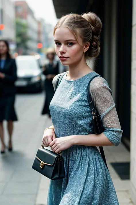 photo of beautiful (SusLu3_V1A_TTX:0.99), a woman, perfect hair upsweep updo, (closeup portrait), (modern photo, Saffron dress, handbag), 24mm, (analog, cinematic, film grain:1.3), (walking on the runway), ((detailed eyes)), (epicPhoto), (color picture:1.1), (looking at viewer)
