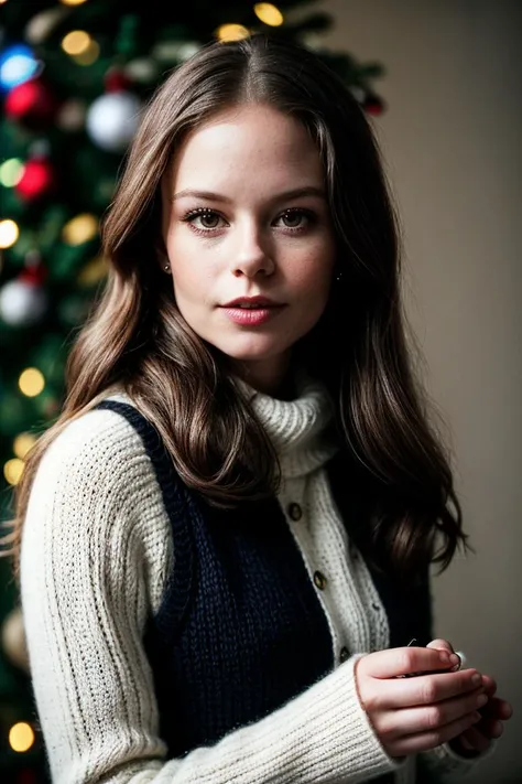 photo of beautiful (SusLu3_V1A_TTX:0.99), a woman, perfect hair, (closeup portrait), (modern photo, Wood Brown Cable knit fingerless gloves), 24mm, (analog, cinematic, film grain:1.3), (A festive Christmas setting with a sparkling tree and gifts:1.2), detailed eyes, (seductive pose), (epicPhoto), (looking at viewer), jewelry