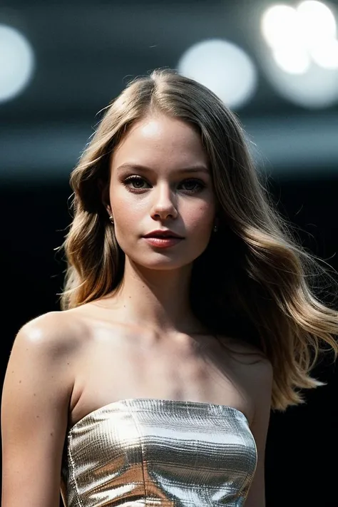 photo of beautiful (SusLu3_V1A_TTX:0.99), a woman, perfect hair, (closeup portrait), (modern photo, Taupe Brown strapless dress), 24mm, (analog, cinematic, film grain:1.3), (walking on the runway:1.2), ((detailed eyes)), (epicPhoto), (color picture:1.1), (looking at viewer)
