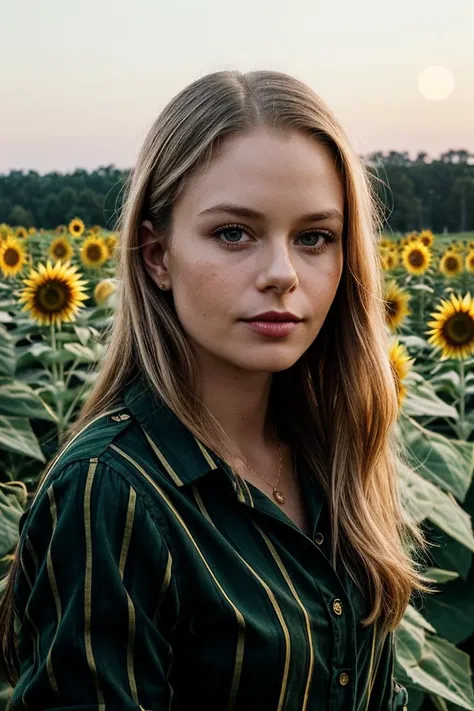 photo of beautiful (SusLu3_V1A_TTX:0.99), a woman, perfect blonde hair, (closeup portrait), (modern photo, Christmas Green striped shirt), 24mm, (analog, cinematic, film grain:1.3), (A tranquil, moonlit field of sunflowers:1.2), detailed eyes, (seductive pose), (epicPhoto), (looking at viewer), jewelry
