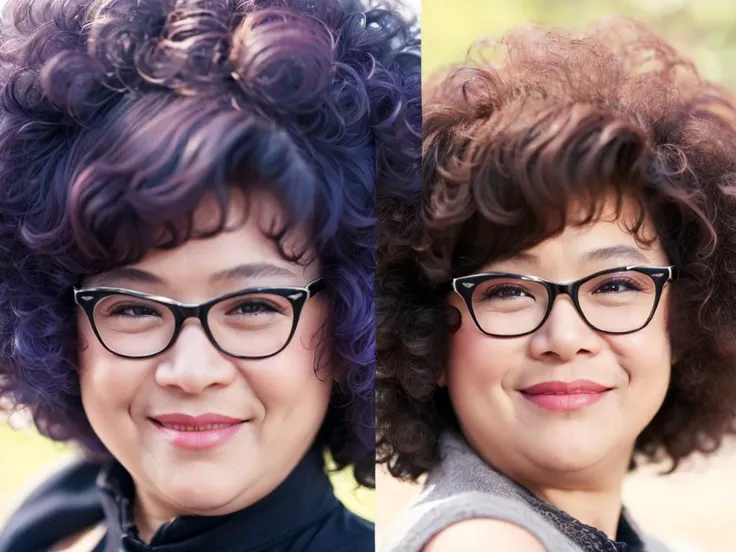 dressed, (photo realistic:1.4), glasses,(hyper realistic:1.4), (realistic:1.3),(Afro,color hair:1.8)
(smoother lighting:1.05), (increase cinematic lighting quality:0.9), 32K,
1girl,40 years, realistic lighting, backlighting, light on face, ray trace, (brightening light:1.2), (Increase quality:1.4),
(best quality real texture skin:1.4), finely detailed eyes, finely detailed face,
(tired and sleepy and joy), (laugh:0), face closeup, t-shirts,
(Increase body line mood:1.1), (Increase skin texture beauty:1.1)
 <lora:shendianxai:0.8>