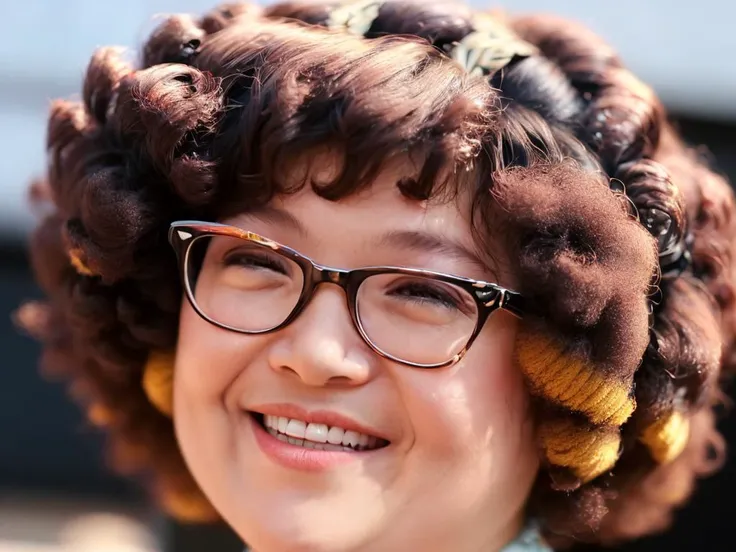 dressed, (photo realistic:1.4), glasses,(hyper realistic:1.4), (realistic:1.3),(Afro,color hair:1.8)
(smoother lighting:1.05), (increase cinematic lighting quality:0.9), 32K,
1girl,40 years, realistic lighting, backlighting, light on face, ray trace, (brightening light:1.2), (Increase quality:1.4),
(best quality real texture skin:1.4), finely detailed eyes, finely detailed face,
(tired and sleepy and joy), (laugh:0), face closeup, t-shirts,
(Increase body line mood:1.1), (Increase skin texture beauty:1.1)
<lora:shendianxai:0.8>