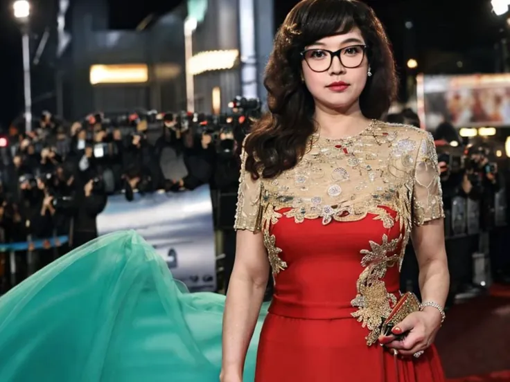 a women as a movie star, glasses,(portrait:1.2), (half body:1.2),(face focus:1),  modelshoot style, (extremely detailed CG unity 8k wallpaper), Intricate, High Detail, Sharp focus, dramatic, ((movie premiere gala)), ((standing on the red carpet)), ((paparazzi in the background)), (looking at viewer), (detailed pupils:1.2), (elegant Evening dress:1.3), <lora:shendianxai:0.8>