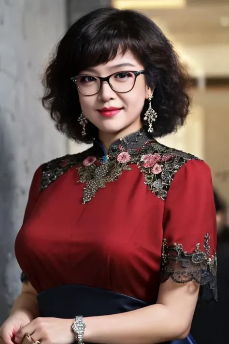 1girl, solo, dress, black hair, glasses, red dress, smile, earrings, simple background, jewelry, looking at viewer, black eyes, makeup, (original: 1.2), (realistic: 1.3) , beautiful girl with beautiful details, extremely detailed eyes and face, eyes with beautiful details, absurd, incredibly absurd, huge file size, ultra detail, high resolution, ultra detailed, best quality, masterpiece, illustration, ultra detailed and beautiful, ultra detailed, CG, unity, 8k wallpaper, amazing, fine Detail, masterpiece, top quality, official art, extremely detailed CG unity 8k wallpaper, cinematic lighting, (perfect shiny skin:0.6), slim and smooth lines, (floating) <lora:shendianxai:0.8>