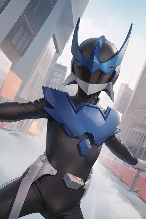 masterpiece,ultra detail,best quality,1man,hero,wingman,outdoor,city road <lora:wingman:0.9>,no expression,spread arms,dutch angle,comic,black bodysuit,helmet