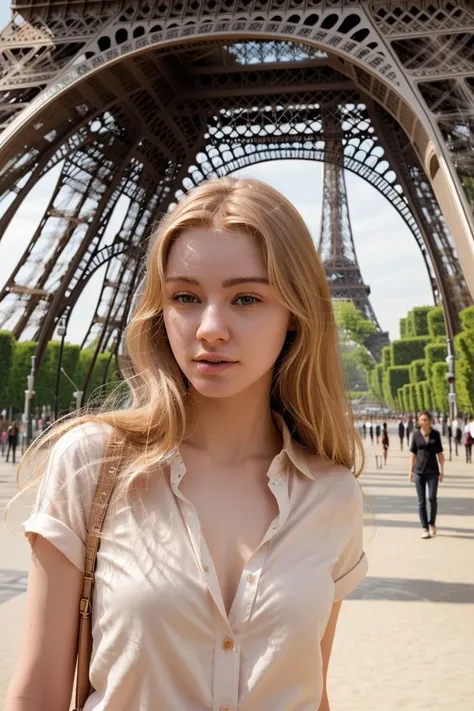 <lora:fgella2_obj20:0.7>, full_body, standing, sandals, (shirt), pants, (eiffel tower), (fgella: 1.2), perfect face, (contact iris: 1.1), pale skin, skin pores , depth of field