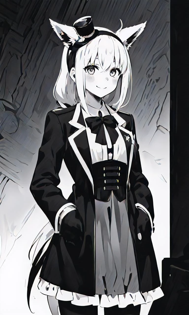 (black and white, monochrome, greyscale:1.4), 1girl, solo, cowboy shot, standing, smile, white hair, (fox tail:1.2), fubukielegant, (braided ponytail), dark coat, bowtie, buttoned corset, collared shirt, long skirt, grey skirt, frills, (white pantyhose:1.2), mini hat, top hat, hairband <lora:shirakami_fubuki_9_outfits:1> <lora:Sketch:1>