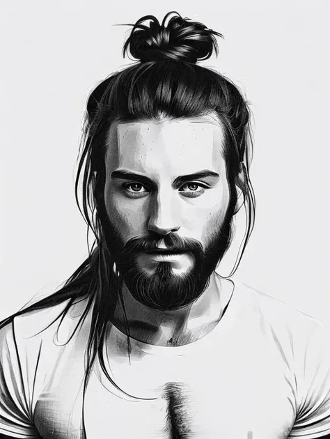 a man with long hair in a bun <lora:sketchkha:1>, black and white