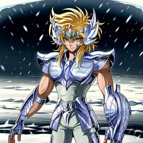 masterpiece, best quality, highres, solo,saint seiya, fingerless gloves, pauldrons, outdoors,ice,cold ,<lora:more_details:0.5>, <lora:hyogaV2:0.9>,hyoga,cygnus new,light rays,snowing