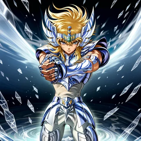 masterpiece, best quality, highres, solo, 1girl, saint seiya, fingerless gloves,medium breasts, pauldrons, outdoors,ice,energy ,hyoga,cygnus final