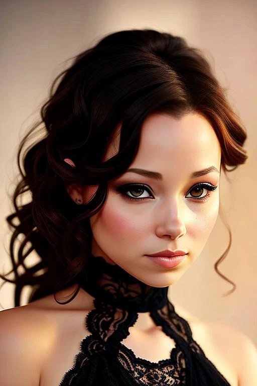 1girl, a classy photo pose of jpkennedy with (completely closed mouth:1.2) and (hazel eyes:1.4), black hair, lace choker, intricate dress, (lips touching), (turned head), realistic shadows, studio lighting, portrait, low key