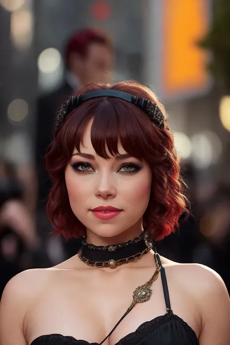 photo of diorabaird:0.99, closeup portrait, hair updo, red hair, lipstick, sweater, dark moody ambience, petite, (masterpiece:1.2) (photorealistic:1.2) (bokeh) (best quality) (detailed skin:1.2) (intricate details) (nighttime) (8k) (HDR) (cinematic lighting) (sharp focus), (closeup portrait:1.1), (choker)