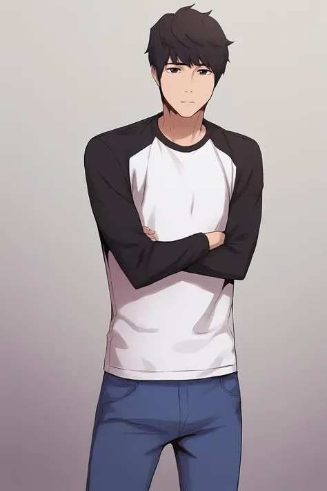 score_9, score_8_up, score_7_up, score_6_up, score_5_up, score_4_up, BREAK.
cowboy shot, thighs,
standing, crossed arms, BREAK.
looking at viewer, expressionless, BREAK.
black shirt, long sleeves, jeans, denim, BREAK.
white shirt, long sleeves, black sleeves, raglan sleeves, BREAK.
sunghyunsoo, 1boy, solo, black eyes, black hair, very short hair, bangs,
<lora:SilentWar_(Webtoon)-All-In_One_v1:1>, silentwarstyle,