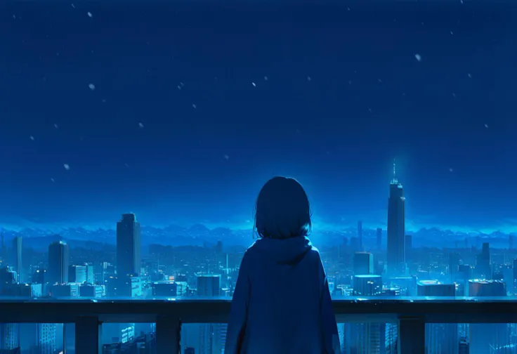 score_9, score_8_up, source_anime, 1girl, cowboy shot, rule of thirds, composition, cinematic, very wide shot, night, night sky, skyline, cityscape, snowing, looking away, from behind, cinematic, cold lighting, blue theme, dark theme, silhouette,