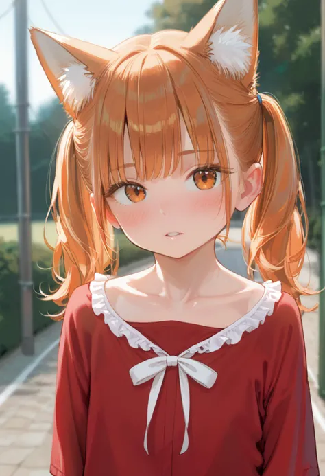 score_9, score_8_up, 1girl, animal ears, solo, twintails, animal ear fluff, looking at viewer, outdoors, upper body, fox ears, orange hair, blurry background, blurry, parted lips, blush, orange eyes, ribbon, shirt, neck ribbon, depth of field, fox girl, collarbone, day, red shirt, frills