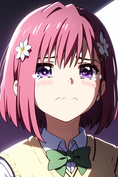 TAT, wavy mouth, frown, 1girl, crying with eyes open, crying, tearing up, tears, sad, portrait, upper body, white background, <lora:TAT3-000009:0.7>,ph momo, momohd, phmomo, solo, pink hair, purple eyes, short hair, hair flower, sweater vest, school uniform, <lora:momo:0.8>