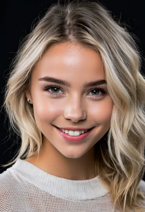 RAW photo of young girl, (headshot:1.1) portrait on a black plain background, smiling, sharp focus, best quality, extremely detailed BREAK ca45mv7-100, Alyvia Alyn Lind