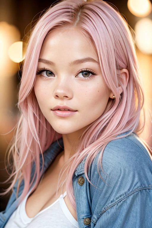 light pink hair, Youthful appearance, Olivia Holt, head shot, Nighttime setting, Warm lighting, Atmospheric ambiance, Confident, Casual yet stylish pose, glossy lips, Relaxed facial expression, Posed for a photo, High-resolution textures, Realistic skin tones, Detailed facial features, Authentic lighting and shading