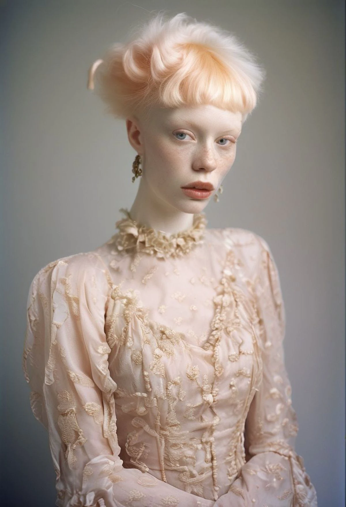 Kodak Portra 400 Color Film still fine art photo, irish woman, melancholic, (albino1.2), high detalied natural skin, (strange punk hair1.2), freckles, fantastically hand-dyed cotton dress, like Orla Fitzgerald, photo by Bert Stern, rim light, dark black background, low angle shoot, sharply focused, trending of artstation