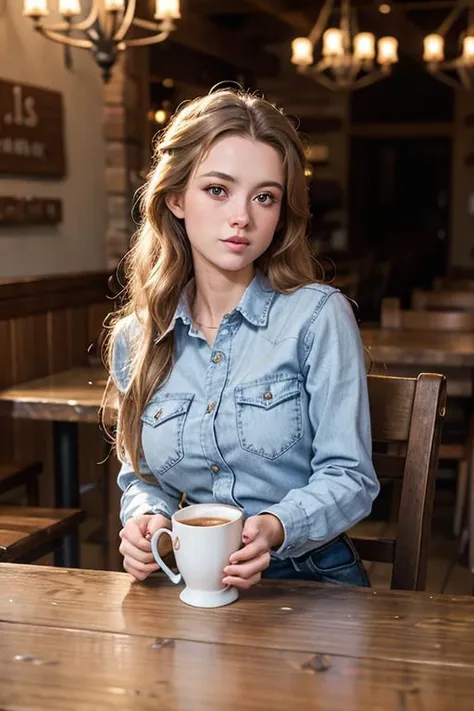 19 year old American woman in a coffee shop sitting at a table. Coffee pot cup on the table. Rustic decor. Wearing a plaid shirt and blue jeans. <ca45mv7-100> < sammyjay><breasts>