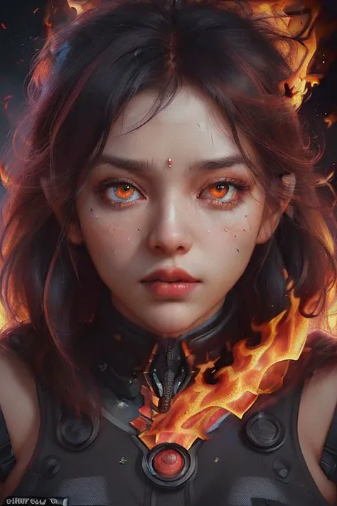 (Bold Pop:1.5), impactful color paint of a bangs haired woman in a cool style, RAW photo of an (Indian model:1.3). Woman, 24 years old, a macro-close-up of a woman's face with fire on her face, half of the face, fire in eyes, bright fire eyes, fire eyes, fiery eyes, red fire eyes, (cheekbones), fiery hair, thin nose, great digital art with details, face melting into the universe, fire particles in front, fire through eyes, highly detailed vfx portrait, glowing ember eyes, cinematic digital art, fire particles, fiery scorching red eyes.