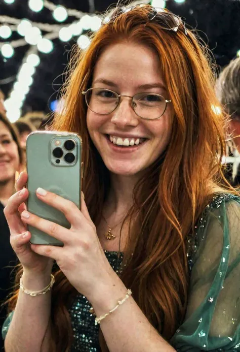<lora:iphone_mirror_selfie_v01b:1>
((very grainy low resolution:1.2))
iphone mirror selfie
redhead long flowing hair, 28yo woman holding iphone pro
at hollywood gala, cluttered, messy, ((petite))
big big smile, wearing glasses
standing, dressed up people in the background,
(soft lighting, fairy string lights,), low key dark lighting,