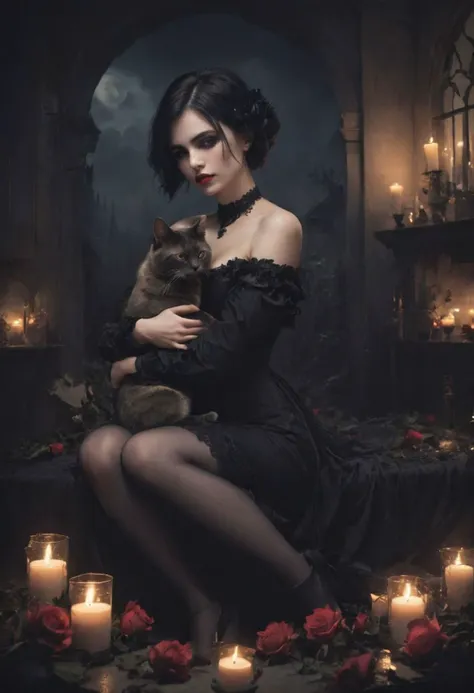 amazing quality, masterpiece, best quality, hyper detailed, ultra detailed, UHD, perfect anatomy, dof, hyper-realism, full body, wide shot, sexy, curvy body, seductive vampire girl hugging a cat, 30 year old, pale, pretty, short hair, black hair, love, gothic clothes, dark makeup, gothic necklace, dark light, gothic room, relaxing, beautiful, soft, majestic, incredible, cinamatic composition, soft shadows, full moon, candles, black roses, petals, ca45mv7-100 <lora:add-detail-xl:1.0>, <lora:extremely_detailed:1.2>, Victoria Frances style, 300mm+ Super telephoto camera lense, volumetric light, ambient occlusion,