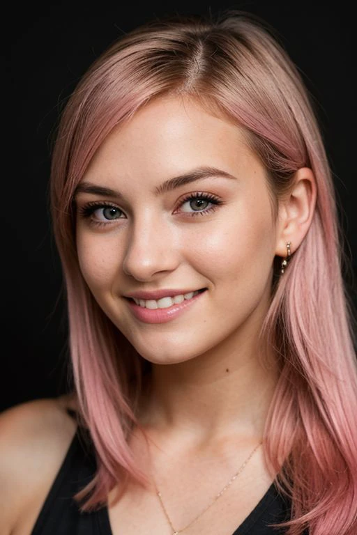 RAW photo of 20 year old girl, pink hair, (headshot:1.1) portrait on a black plain background, smiling, sharp focus, best quality, extremely detailed BREAK ca45mv7-100, Alyvia Alyn Lind