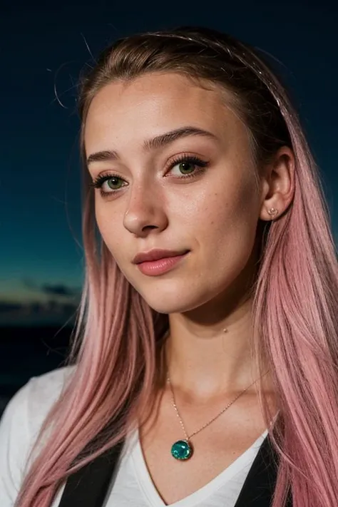 RAW photo of 21 year old girl, pink hair, (headshot:1.1) portrait on a nighttime background, lips open, sharp focus, best quality, extremely detailed BREAK ca45mv7-100, dj lauren lane, night sky, star lit, bioluminescent. Oceanside moonlit sky. Water sparkling in background.