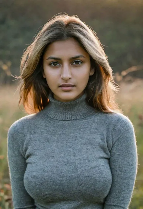 Photo taken at dusk, Portrait photoshoot, close up, Incredibly beautiful 30 year old indian woman, tan lines, striking eyes, flawless skin, grey turtleneck wool sweater, tiny waist, high full breasts, confident and graceful posture, grassy meadow in the fall, busty, female boyd holbrook travis fimmel