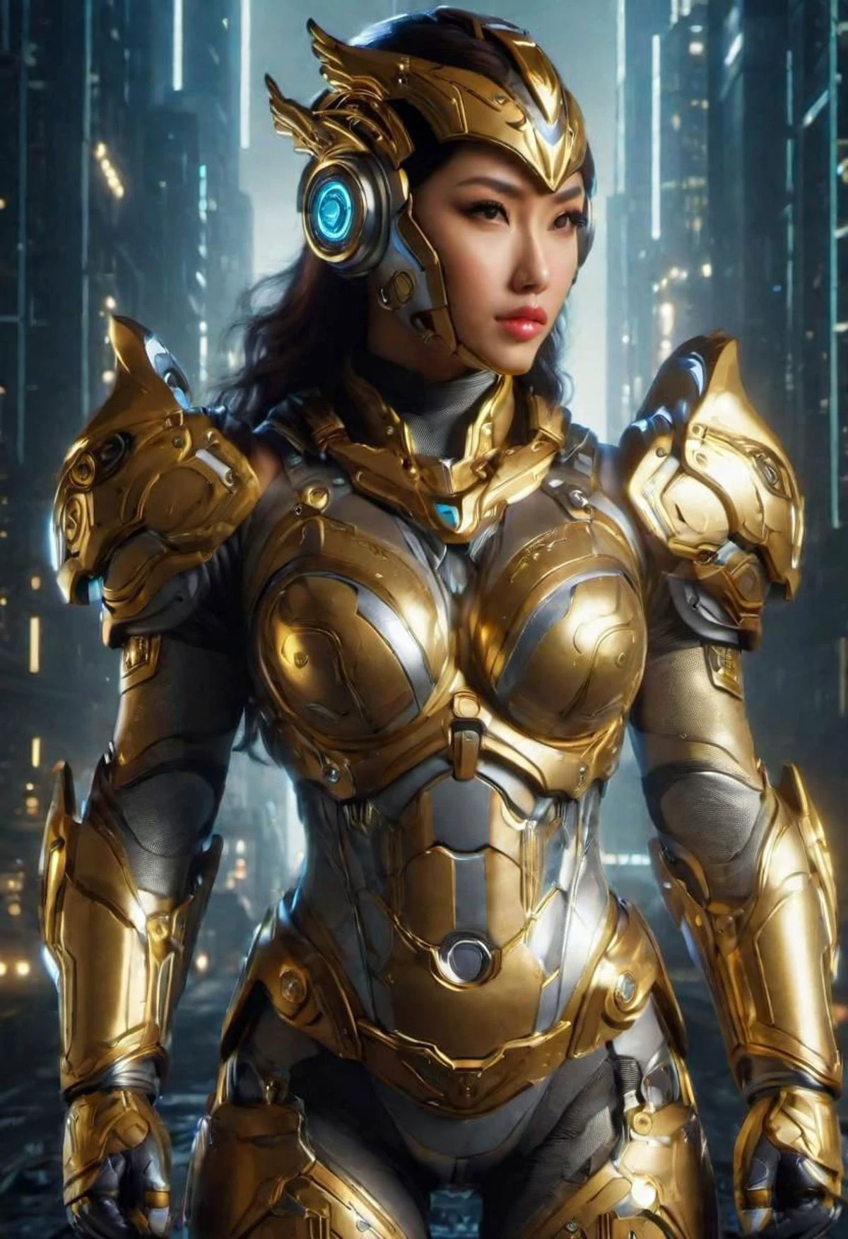 realistic influencer style close up face from above shot of a Cyber girlfriend in golden armor , Solo character, fit and muscular japanese power armor lady , sexy. extra muscular. FEMALE (body:1.1), night, thunder, electricity. yakuza nsfwEM epic ground in the background.