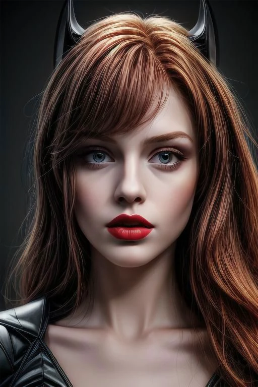 8k uhd epiCRealism, extreme Portrait photo 18 year old girl sexy, ((well portioned)), slender, ((batgirl:1.1)) with ginger hair perfect eyes, perfect mouth, (red lipstick), perfect face, standing looking tough ((studio lighting))) (((studio camera)))