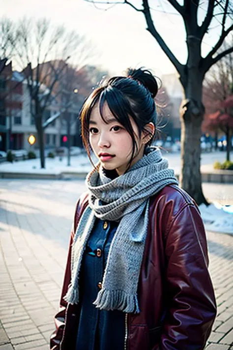 Best Quality, Masterpiece, Ultra High Resolution, (Realisticity: 1.4), Original Photo, Cinematic Lighting, 1Girl, not asian, Cute, detailed face, winter clothes, outdoors, tree, park, walking, cowboy shot, floating hair, red scarf, ca45mv7-100, intricatedetails, myself-badhand-v5.