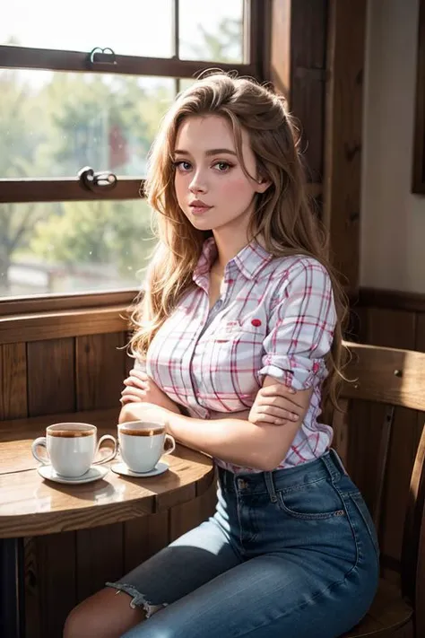 19 year old American woman in a coffee shop sitting at a table. Coffee pot and cup on the table. Rustic decor. Wearing a plaid shirt and blue jeans. <ca45mv7-100> < sammyjay><breasts>