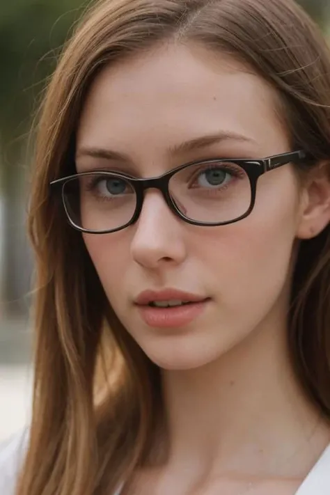 Close-up photo of a beautiful Irish girl, wearing glasses, adorable face, red long layered hair, light makeup, realistic skin texture, low saturation, dark tone, inspired by Alessio Albi, f1. 4, 85mm lens, hyper realistic , lifelike texture, dramatic lighting, professional shot, heavy shadows, dynamic pose, innocent, flirty look, ca45mv7-100