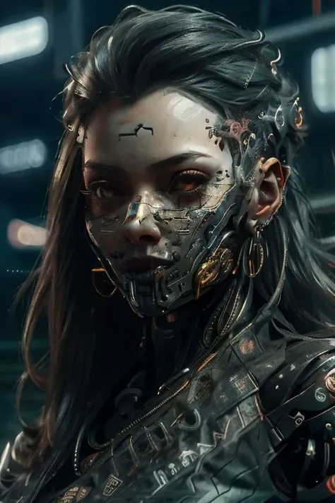 Cyberpunk,1girl,cyberpunk,neon lights,solo,jewelry,long hair,earrings,blurry,belt,midriff,collar,breasts,lips,blurry background,parted lips,navel,black hair,realistic,piercing,science fiction,bare shoulders,looking at viewer,outdoors,choker,arms at sides,upper body,depth of field,bracelet,crop top,city,mechanical arms,standing,small breasts,single mechanical arm,brown eyes,red hair,medium breasts,cowboy shot,cable,collarbone,armlet,chain,night,looking to the side,brown hairlight,multicolored hair,artist name,navel piercing,closed mouth,prosthesis,sign,signature,android,
best quality,masterpiece,illustration,an extremely delicate and beautiful,CG,unity,8k wallpaper,Amazing,finely detail,masterpiece,official art,extremely detailed CG unity 8k wallpaper,incredibly absurdres,huge filesize,ultra-detailed,highres,extremely detailed,beautiful detailed girl,realistic,<lora:Cyberpunk_20240203065206:0.8>,