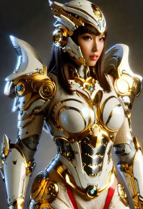 in golden armor Cyber girlfriend, japanese samurai with futuristic weapon , heroic sexy 
 afar pose, legs robot, muscular
nsfwEM