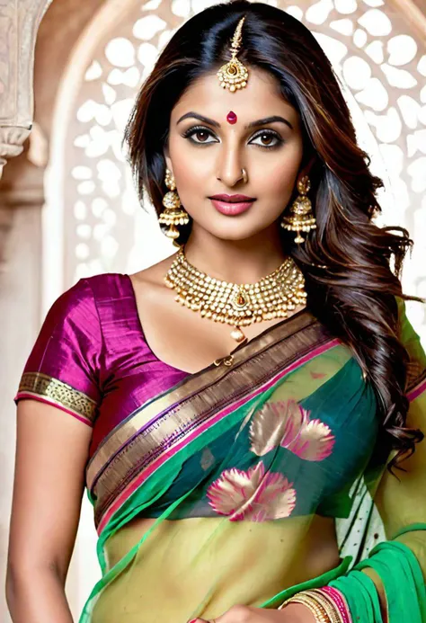 High resolution, photo realistic, full length image of Indian lady with brown hair, large breasts, thin waist, smooth skin, symmetrical face, shaved crotch, nose piercing, heavy jewellery, in a transparent blouse and transparent saree