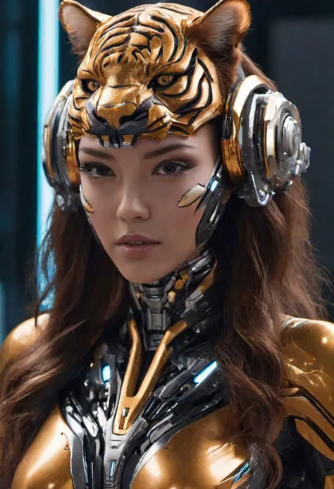 cybernetic style Prepare for a thrilling glimpse into the future as we present the Cybernetic Tiger Queen and her Mechanized Companion in astonishing photorealistic detail. Captured in ultra-high definition 8K resolution, the regal monarch dons luxurious gold adornments, her expression poised between fierce determination and irresistible charm. Accompanying her is a state-of-the-art robotic tiger, seamlessly combining cutting-edge technology with raw power. Each component appears authentic, right down to the finest wires and artificial muscle fibers. Intricately textured locks tumble into a tousled bun, revealing subtle wisps framing her face. An elaborate, hyperrealistic environment surrounds our subjects, imbuing depth and context to this incredible vision. Expertly lit by dynamic cinematographic techniques, this masterpiece propels us headfirst into a fascinating world where advanced engineering meets unparalleled elegance. Brace yourself for a breathtaking journey beyond the limits of possibility! . futuristic, technological, cybernetic enhancements, robotics, artificial intelligence themes